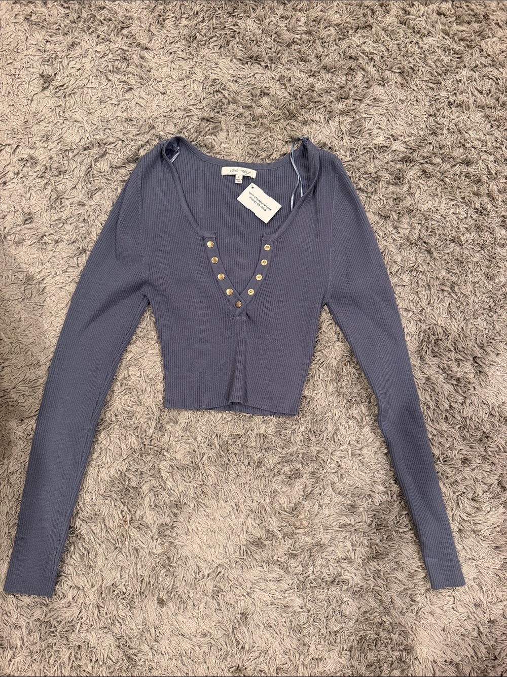 Love Tree Slate Blue Ribbed V-Neck Snap-Crop Top